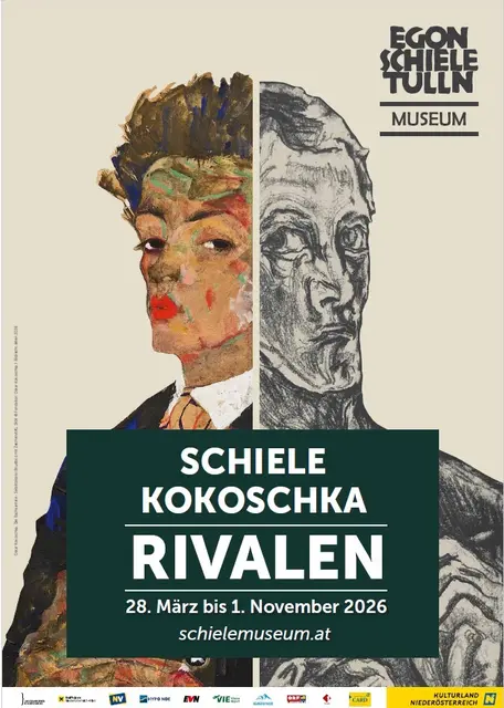 Schiele Museumsplakat 2026. | Foto:  Oskar Kokoschka, Die Bachkantate - Selbstbildnis (Brustbild mit Zeichenstift), 1914 ©Fondation Oskar Kokoschka / Bildrecht, Wien 2026; Egon Schiele, Selbstporträt mit Pfauenweste, Ernst Ploil, Wien