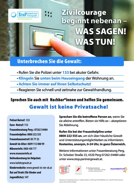 Ein Plakat für Wohnblock-Infoboards fasst wichtige Infos und Handlungsanweisungen bei Verdacht auf Gewalt im Haus zusammen. | Foto: Frauenberatung Perg