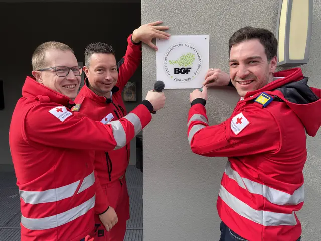 Freudige Montage des BGF-Gütesiegels am Eingang der Bezirksstelle in Schönberg (v.l.n.r.): Günter Obojes (Geschäftsleitung), Christian Ostermann (Personalentwicklung) und Michael Volderauer (Bezirksstellenleiter). | Foto: Rotes Kreuz IL