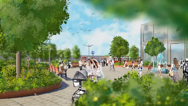 Der Bahnhofsvorplatz beim Nelson-Mandela-Platz soll sich verändern und grüner werden. | Foto: Visualisierung: message