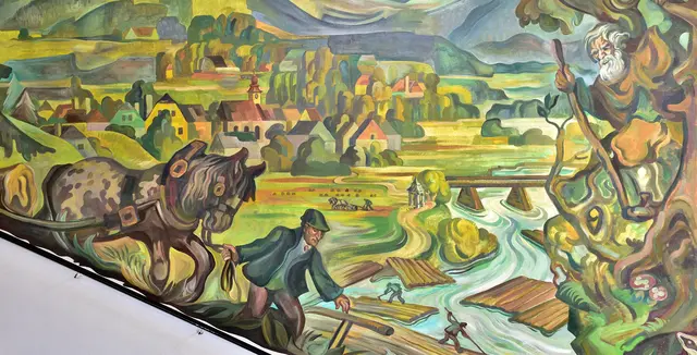 Großformatiges Gemälde (Ausschnitt) von 1962 des akademischen Malers Reinhold Klaus in der Mittelschule in Göstling. | Foto: Hans-Peter Kriener