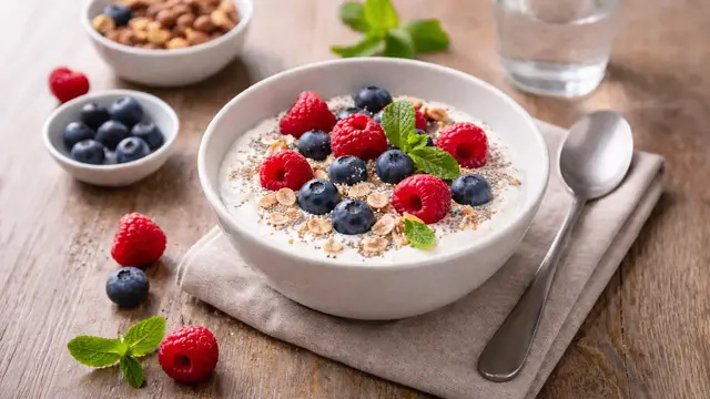 Skyr oder Topfen mit Beeren und Dinkelflocken: eiweißreich, sättigend und ideal für ein stoffwechselaktives Frühstück.