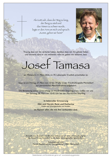 Josef Tamasa ✝︎ 11.03.2026 | Foto: Bestattung Greimel