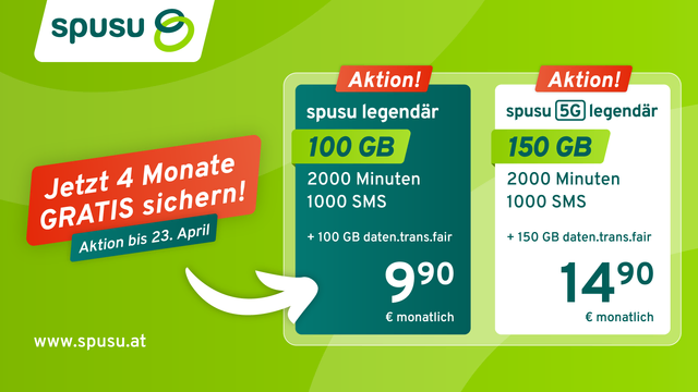 Bis 23. April gibt es den spusu legendär mit 100 GB Datenvolumen, 2.000 Minuten und 1.000 SMS um 9,90 Euro pro Monat. | Foto: spusu