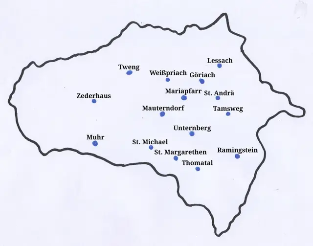 (Symbolbild/Symbolgrafik) Der Umriss des Lungaus auf der Landkarte und seine 15 Gemeinden. | Foto: meinbezirk.at/lungau