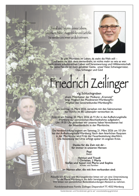 Friedrich Zeilinger ✝︎ 15.03.2026 | Foto: Bestattung Greimel