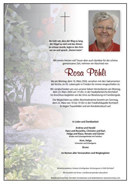 Rosa Pöhli ✝︎ 16.03.2026 | Foto: Bestattung Krennmayr