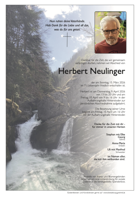 Herbert Neulinger ✝︎ 15.03.2026 | Foto: Bestattung Greimel