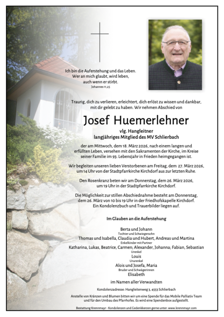 Josef Huemerlehner ✝︎ 18.03.2026 | Foto: Bestattung Krennmayr