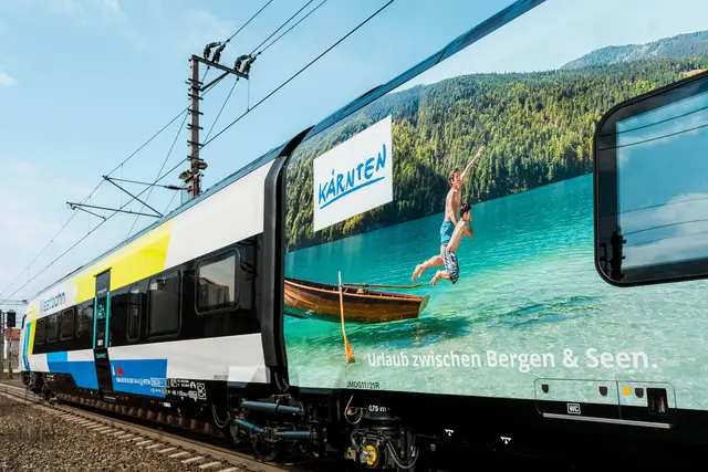 Das Branding mit den Kärntenmotiven ist Teil einer Kooperation zwischen dem Land Kärnten, der Kärnten Werbung und der Westbahn. | Foto: Kärnten Werbung/Christofer Kemperle