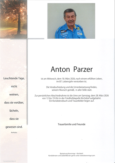 Anton Parzer ✝︎ 18.03.2026 | Foto: Bestattung Krennmayr