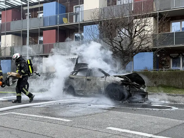Herausfordernde Löscharbeiten für die Berufsfeuerwehr beim Brand des E-Autos. | Foto: zeitungsfoto.at