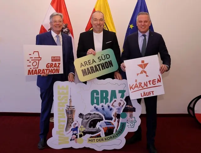 Die drei "K" verbinden die Laufbegeisterten in Kärnten und in der Steiermark: Peter Kaiser, Michael Kummerer und Mario Kunasek. | Foto: LPD Kärnten/Kuess