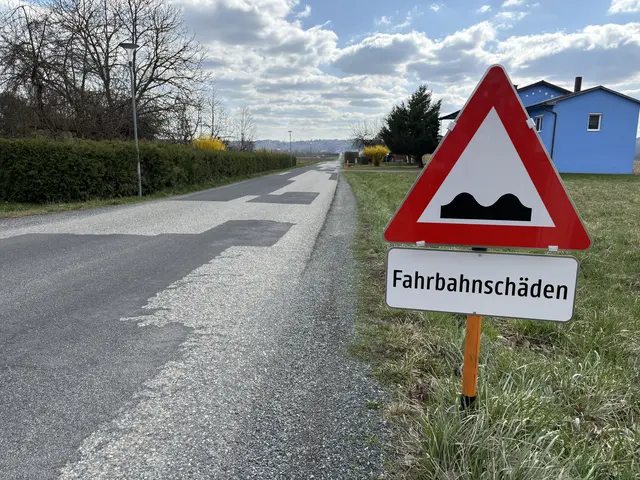 Aufgestellte Warnschilder weisen auf die Fahrbahnschäden hin. | Foto: Elisabeth Kloiber