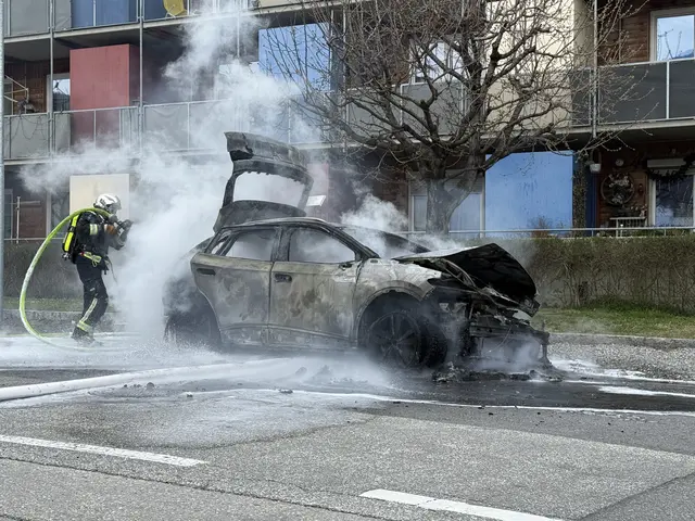 Herausfordernde Löscharbeiten für die Berufsfeuerwehr beim Brand des E-Autos. | Foto: zeitungsfoto.at
