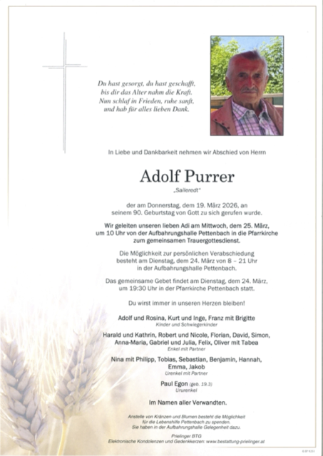 Adolf Purrer ✝︎ 19.03.2026 | Foto: Bestattung Prielinger