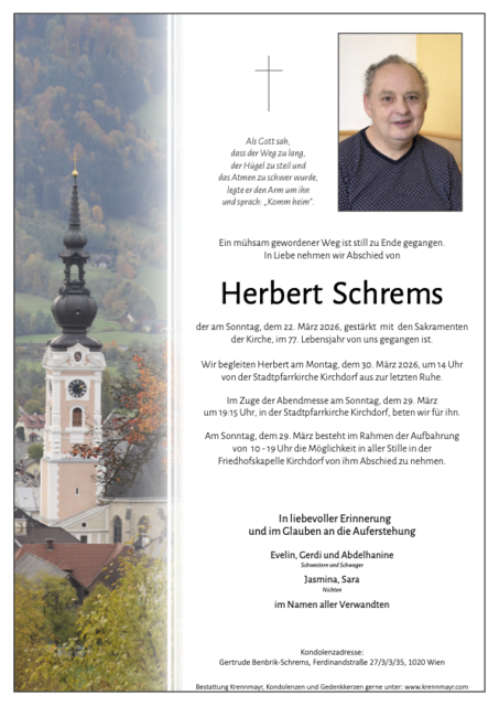 Herbert Schrems ✝︎ 22.03.2026 | Foto: Bestattung Krennmayr
