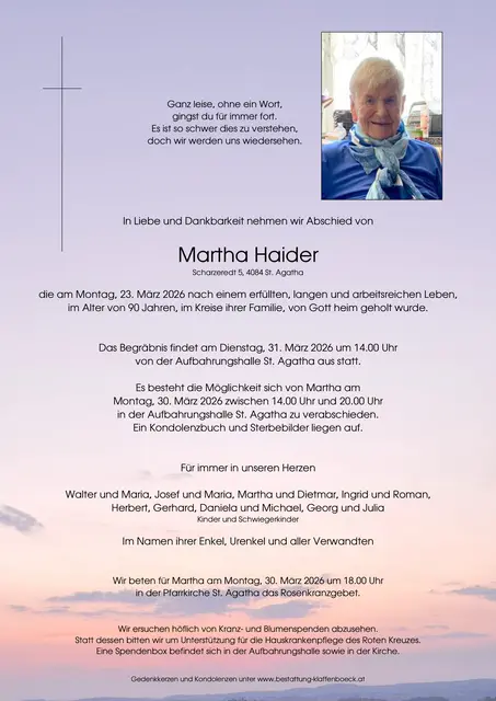 Martha Haider verstarb im 91. Lebensjahr | Foto: Privat/Bestattung Klaffenböck