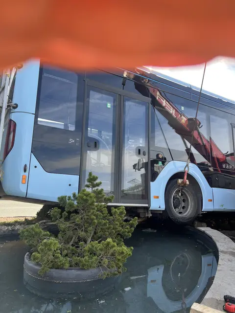 Der Bus durchbrach dabei die Einfahrt und riss mehrere Fahnen mit sich, bevor er im Pool stecken blieb. | Foto: Gärtnerei Jäger