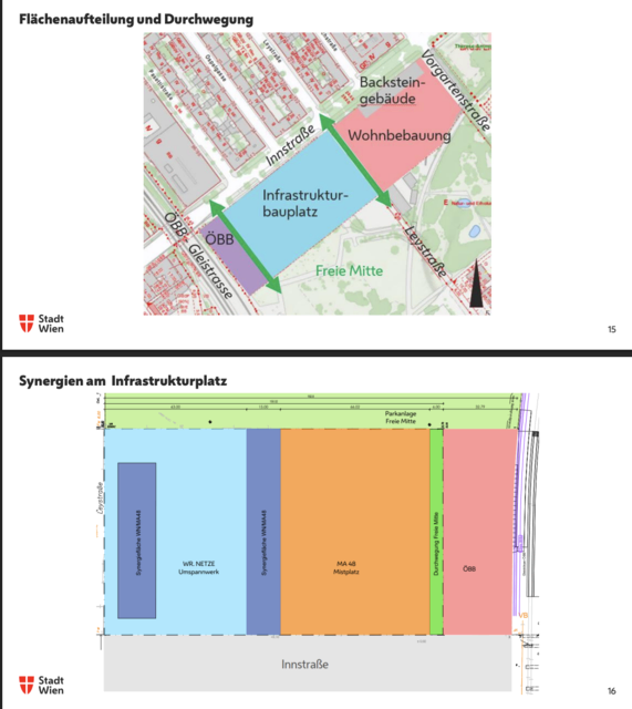 Der hellblaue Bereich in der unteren Darstellung ist für das Umspannwerk der Wiener Netze vorgesehen.  | Foto: Screenshot/Präsentation Stadt Wien