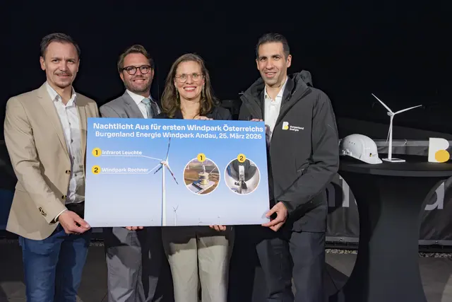 Bürgermeister Gemeinde Andau Philipp Pelzer, Geschäftsführer Austro Control Philipp Piber, Landeshauptmann-Stellvertreterin Anja Haider-Wallner, CEO Burgenland Energie Stephan Sharma (v.l.). | Foto: Burgenland Energie AG