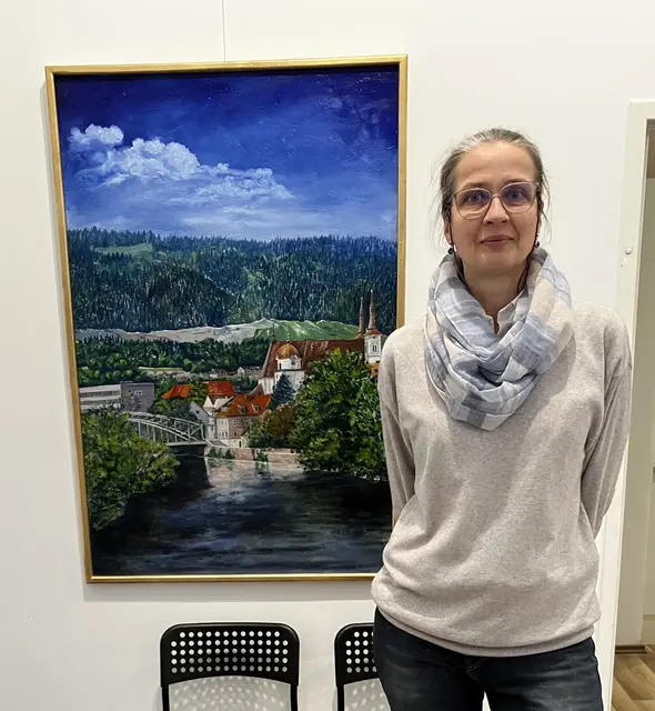 Karina Bunt, Leoben und die „Gegenwart“, 80x120cm, Öl auf OSB-Platte,
aus der Serie "Pentaptychon multiple Morgen" | Foto: Bildrecht: Ölbild @karinabunt_ / Foto @klaustiksketchi