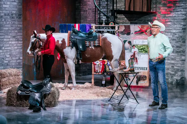 Mit Pferd im Fernsehstudio: Der Weizer Egon Wolf tritt am Dienstag mit seinen Easy Reitsporen in der Show „2 Minuten 2 Millionen“ auf.  | Foto: Puls 4/Gerry Frank