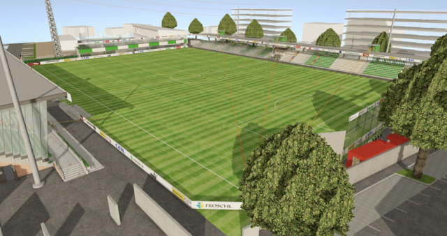 Das Gernot-Langes-Stadion 2.0 hat Platz für 5300 Besucher. 4,5 Mio. Euro kosten die neuen Tribünen, weiters wird in Rasenheizung, Gastro, Sanitärbereich, Trainingsplätze, VIP und Flutlicht investiert. | Foto: WSG Tirol