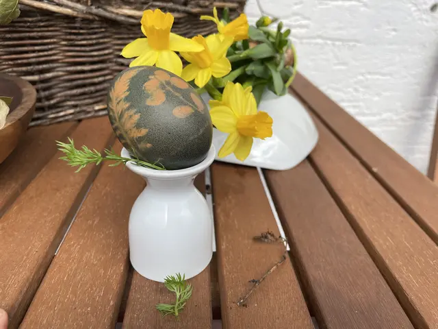 Ein Muster auf den Eiern gelingt durch die Färbung mit Gräsern. Dazu Blätter und Gräser aus dem Garten sammeln und flach auf das Ei drücken. Nun ein Stück Strumpfhose spannen und um das Ei befestigen. Tipp: feine, kleine Blätter eignen sich besser als starre, wie z.B. ein altes Efeu-Blatt. | Foto: sm