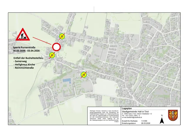 Purnerstraße in Hall vorübergehend gesperrt – Buslinie 2 betroffen