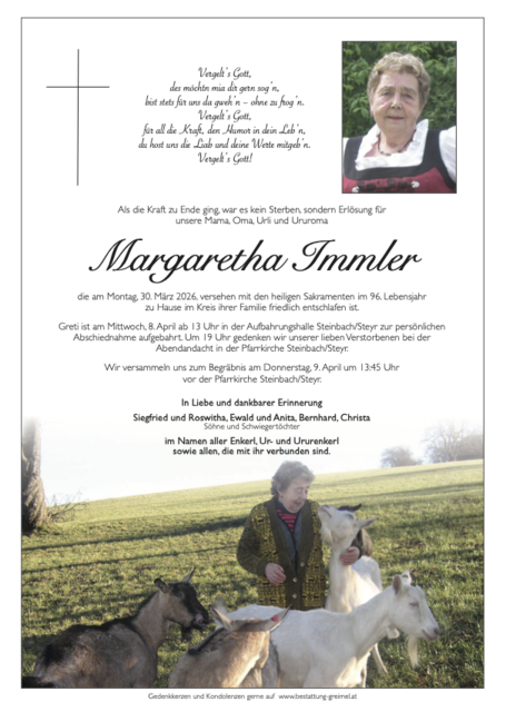 Margaretha Immler ✝︎ 30.03.2026 | Foto: Bestattung Greimel