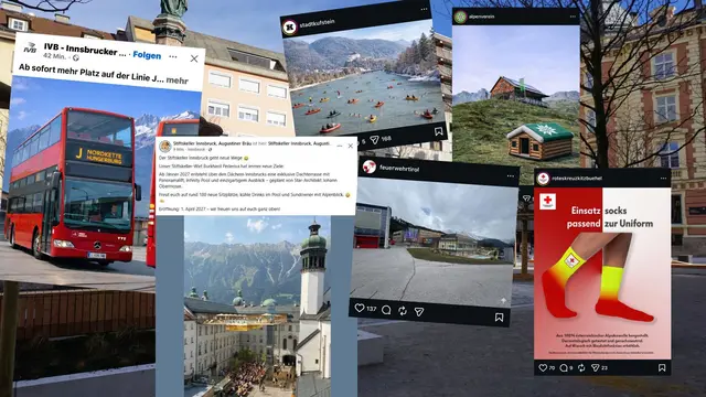 Die besten Aprilscherze 2026 sorgen für Lacher, Überraschung und jede Menge skurrile Ideen. | Foto: Instagram stadtkufstein/feuerwehrtirol/alpenverein/roteskreuzkitzbühel, Facebook IVB/Stiftskeller Innsbruck