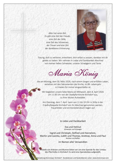    Maria König ✝︎ 30.03.2026 | Foto: Bestattung Krennmayr