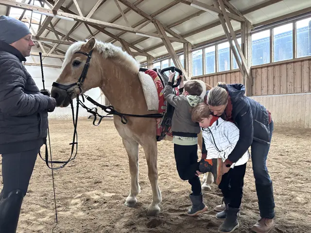 Kilian und Katrin helfen Linus auf das Pferd. Mario hält das Pferd an den Zügeln. | Foto: Lauren Fahrenberger / MeinBezirk