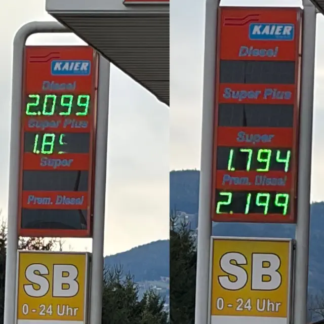 B70 - GU: Seiersberg bis VO: Köflach
Kaier – Söding-St. Johann
29.03.: Diesel: € 2,099 / Super 95: € 1,794
30.03.: Diesel: € 2,099 / Super 95: € 1,794
01.04.: Diesel: € 2,149 / Super 95: € 1,844
2. April 2026: Diesel € 2,099 / Super 95: € 1,799 (Preissenkung fast eingehalten)
 | Foto: Kirchengast
