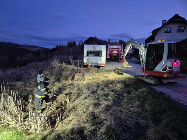 Mithilfe eines Baggers des Erdbauunternehmens Stefan Vallant wurde ein möglicher Ausgang des Oberflächenkanals freigelegt. | Foto: Feuerwehr Guttaring
