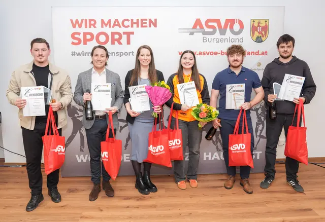 Ehrung "35 unter 35": Stefan Berzkovics (SV Stegersbach), Patrick Oswald (Golfclub Golfschaukel), Birgit Kirnbauer (Burgenländischer Rope Skipping Verein), Rosa Janisch (ISV Tigers Stegersbach), Ing. Thomas Lämmermayer (Sportclub Unterfrauenhaid) und Maximilian Wiesler (SV Deutsch Schützen) | Foto: ASVÖ Burgenland/Thomas Werchota