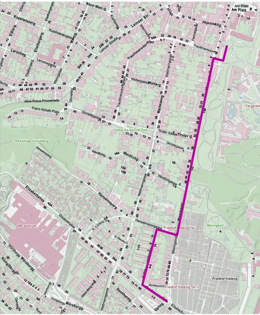 Fernwärme Baustelle Hietzing: Betroffen ist der Abschnitt zwischen Montecuccoliplatz und Trauttmansdorffgasse über die Volkgasse, Hanselmayergasse und Maxingstraße.  | Foto: Wiener Netze