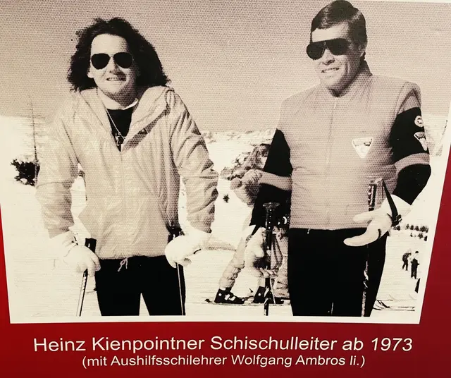 Schifoan: W. Ambros mit Heinz Kienpointner in den 1970er-Jahren auf der Waidringer Steinplatte. | Foto: Archiv Kienpointner
