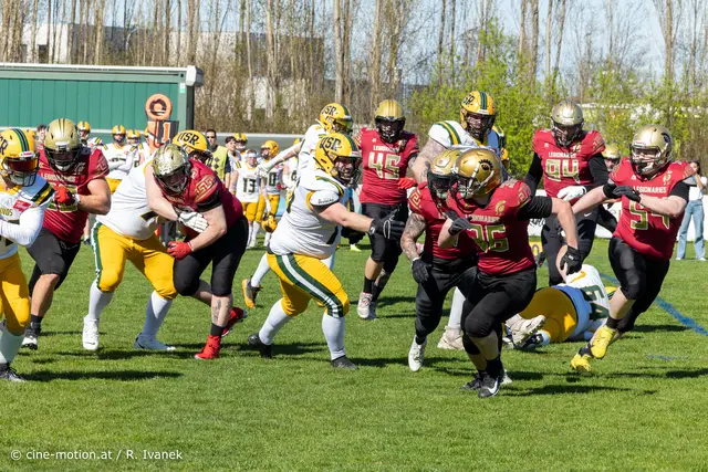 Freundschaftsspiel Rhinos (gelb) gegen Carnuntum Legionaries (rot + gold). | Foto: cine-motion.at / R. Ivanek