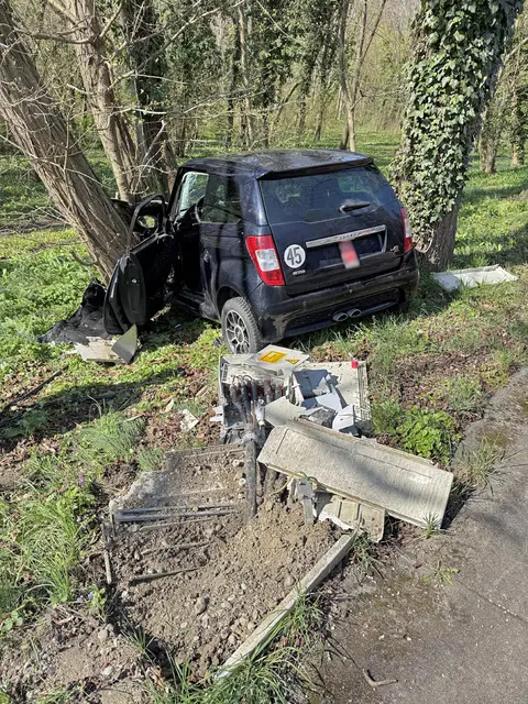 Ein Moped-Auto prallte frontal gegen einen Baum und riss dabei einen Elektro-Stromverteilerkasten mit. | Foto: BFKDO BADEN / Stefan Schneider