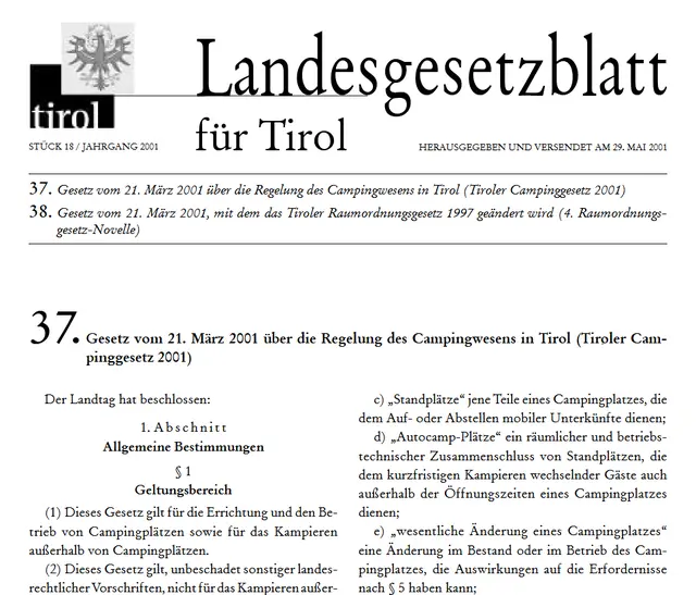 Das Landesgesetz wurde 2001 erlassen und regelt das Campingwesen in Tirol | Foto: TBW Est. Stubai