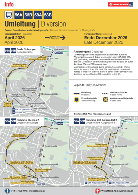 Die Buslinien, die sonst durch die Maxingstraße fahren, werden umgeleitet. | Foto: Wiener Linien