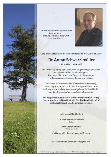 Anton Schwarzlmüller ✝︎ 03.04.2026 | Foto: Bestattung Krennmayr