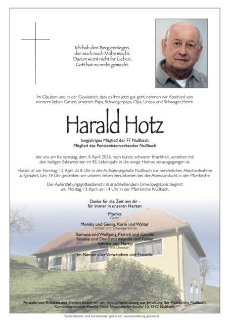 Harald Hotz  ✝︎ 04.04.2026 | Foto: Bestattung Greimel