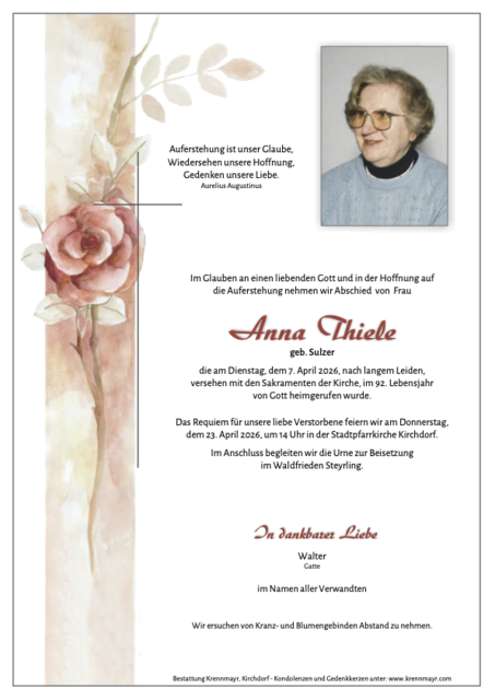 Anna Thiele ✝︎ 07.04.2026 | Foto: Bestattung Krennmayr
