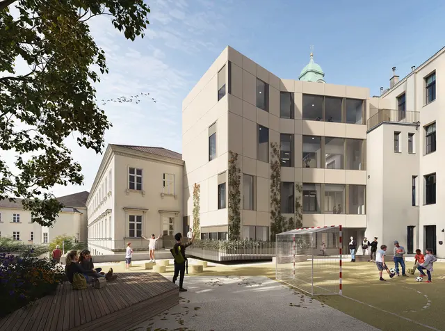 So soll sich das Schulzentrum in der Erdbergstraße ab Ende 2027 präsentieren. (Visualisierung)  | Foto: St. Franziskus