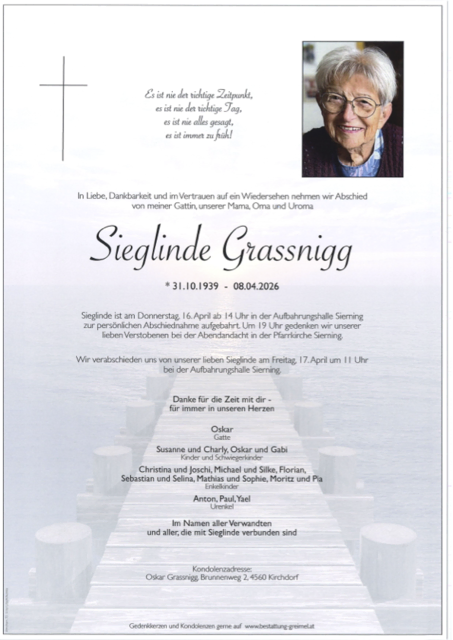 Sieglinde Grassnigg ✝︎ 08.04.2026 | Foto: Bestattung Greimel