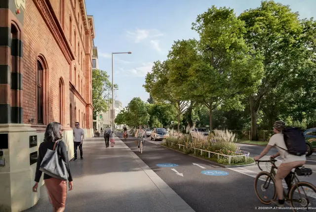 Der neue Zwei-Richtungs-Radweg wird direkt auf Straßenniveau errichtet. (Visualisierung) | Foto: ZOOMVP.AT/Mobilitätsagentur Wien
