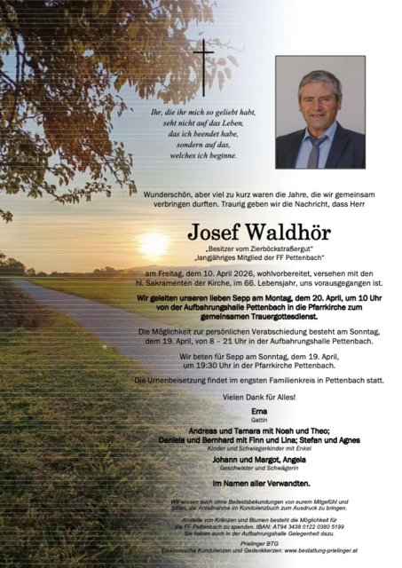 Josef Waldhör ✝︎ 10.04.2026 | Foto: Bestattung Prielinger